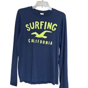 Hollister California Surfing Long Sleeve T Shirt Navy Blue Graphic Mens Sz L Y2K